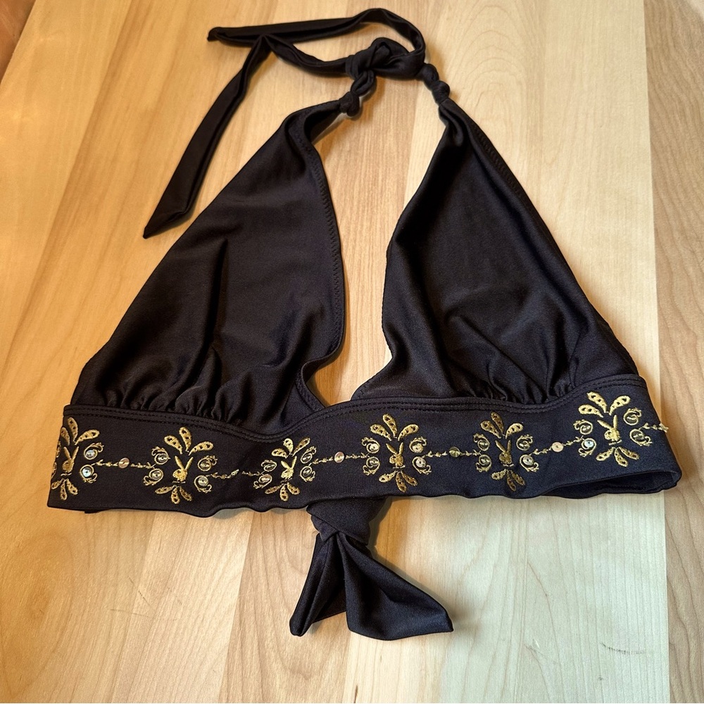 Playboy Bikini Tie Top Black and Gold with Sequin and Bunny Detail Size 12